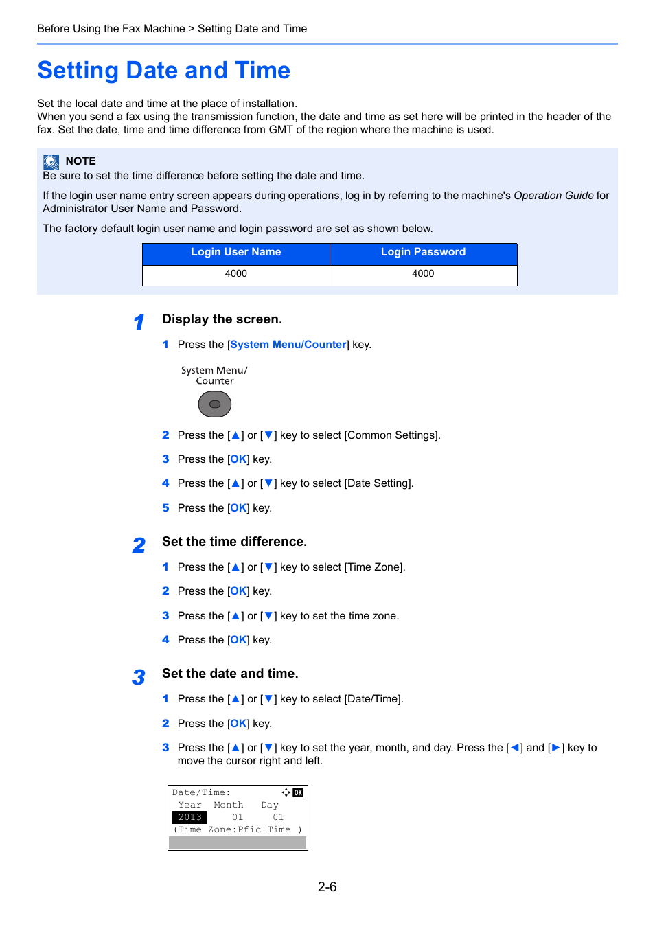 Setting date and time, Setting date and time -6 | TA Triumph-Adler P-4035 MFP User Manual | Page 19 / 214