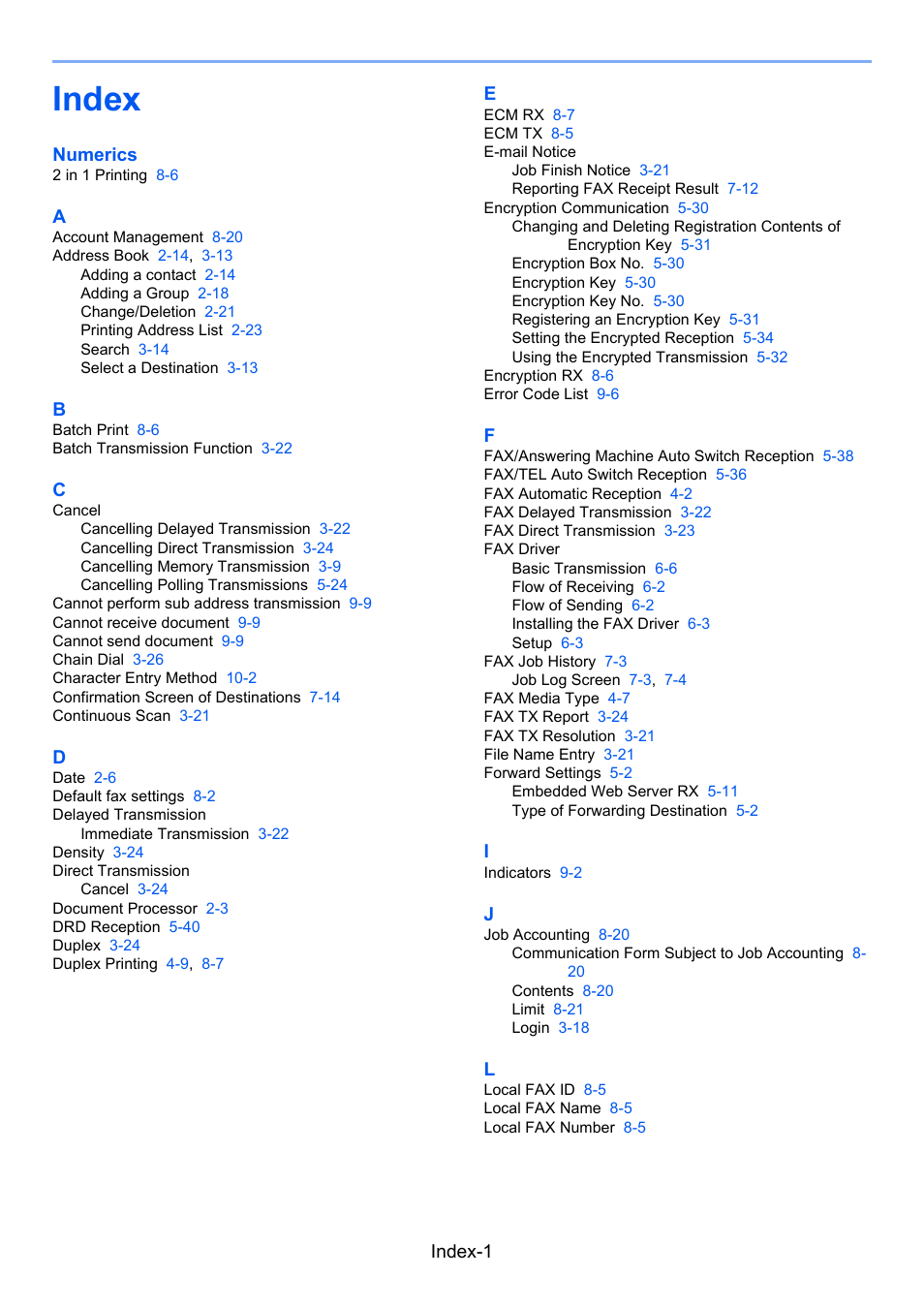 Index, Index-1, Numerics | TA Triumph-Adler P-4035 MFP User Manual | Page 209 / 214