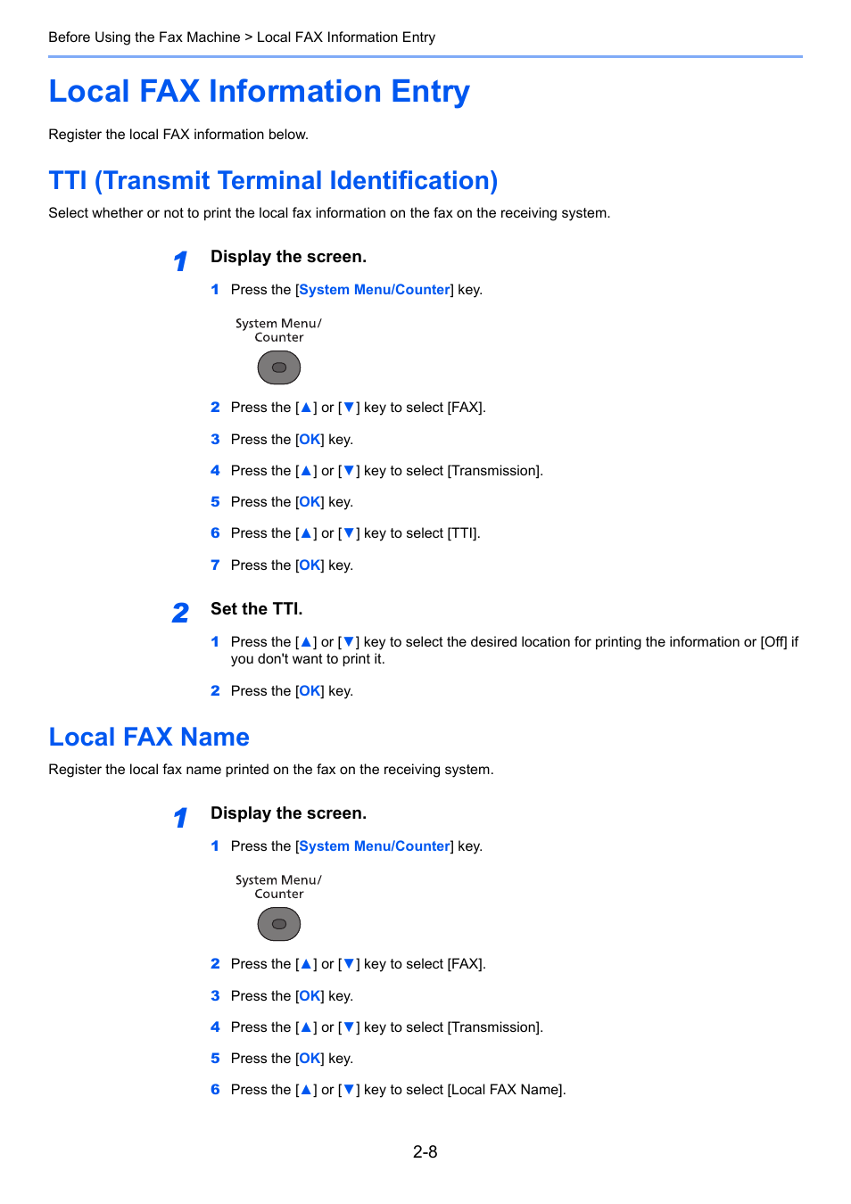 Local fax information entry, Tti (transmit terminal identification), Local fax name | Local fax information entry -8 | TA Triumph-Adler P-4035 MFP User Manual | Page 21 / 214