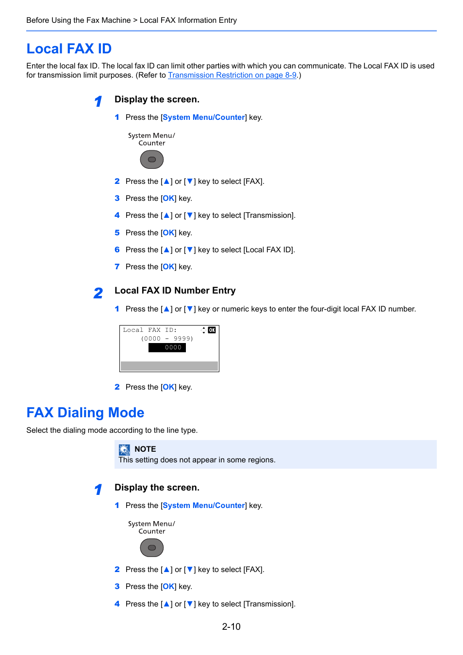 Local fax id, Fax dialing mode, Local fax id -10 fax dialing mode -10 | Fax dialing mode -10 | TA Triumph-Adler P-4035 MFP User Manual | Page 23 / 214