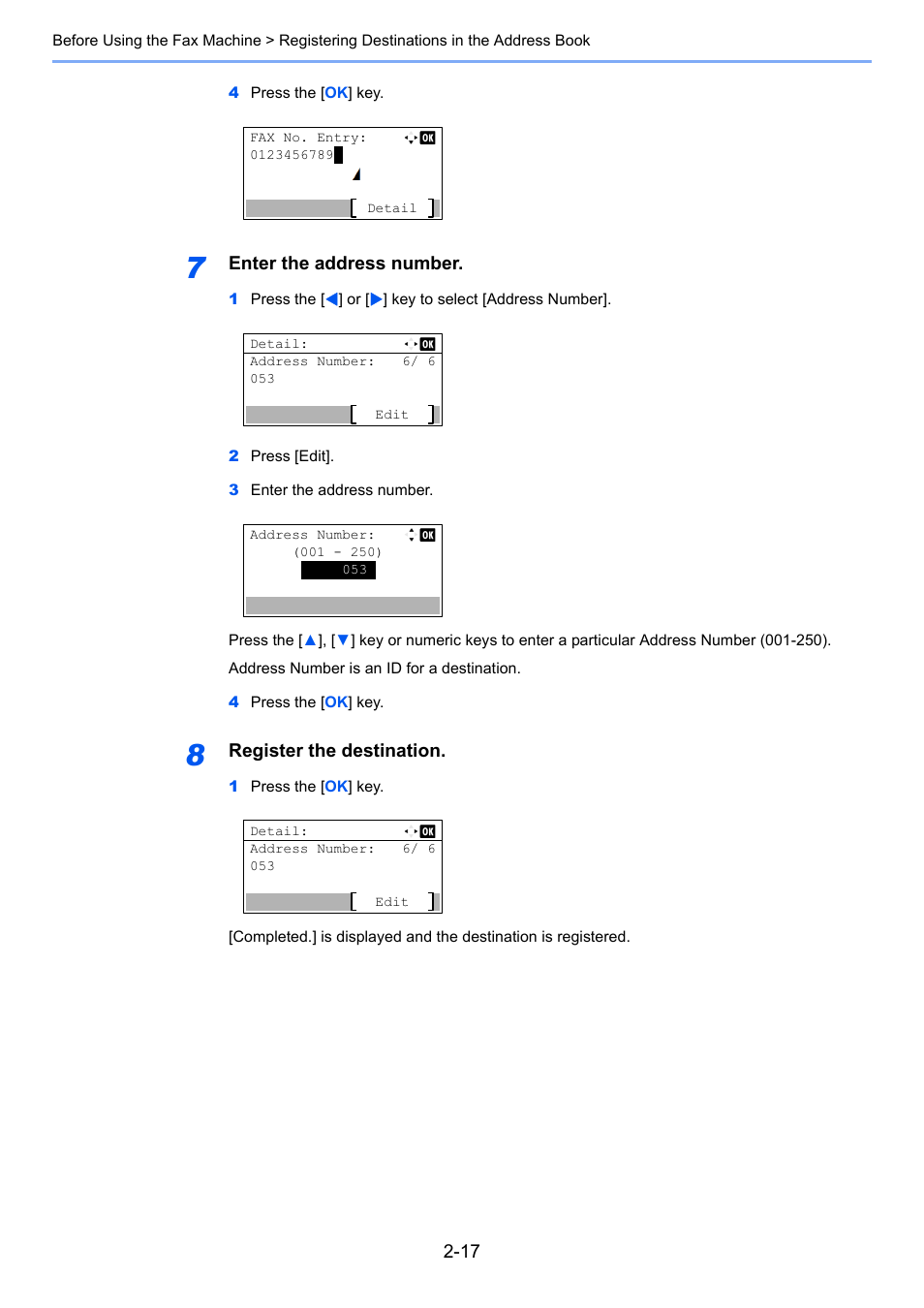 Enter the address number, Register the destination | TA Triumph-Adler P-4035 MFP User Manual | Page 30 / 214