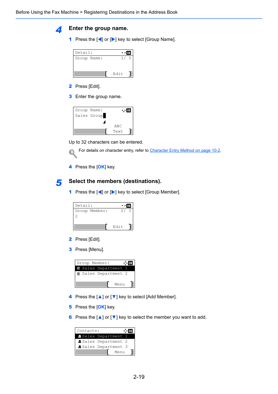 Enter the group name, Select the members (destinations) | TA Triumph-Adler P-4035 MFP User Manual | Page 32 / 214
