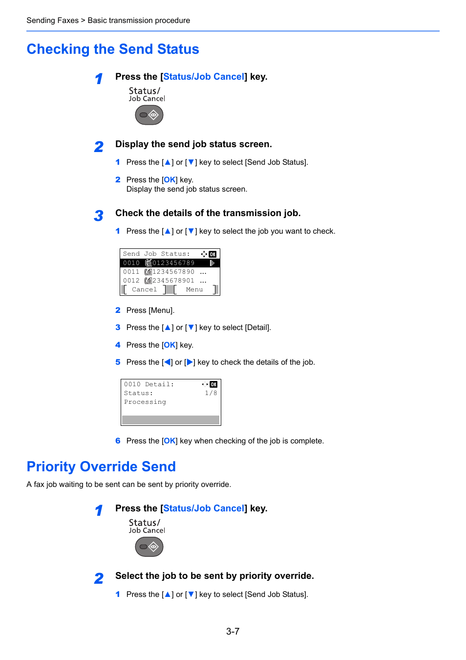 Checking the send status, Priority override send | TA Triumph-Adler P-4035 MFP User Manual | Page 46 / 214