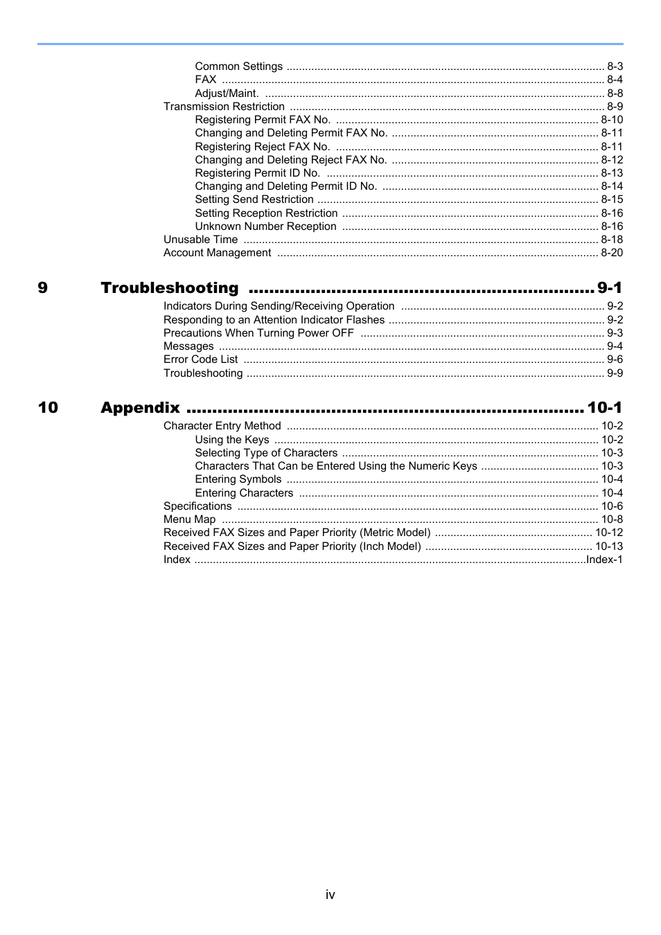 9troubleshooting -1, 10 appendix -1 | TA Triumph-Adler P-4035 MFP User Manual | Page 5 / 214