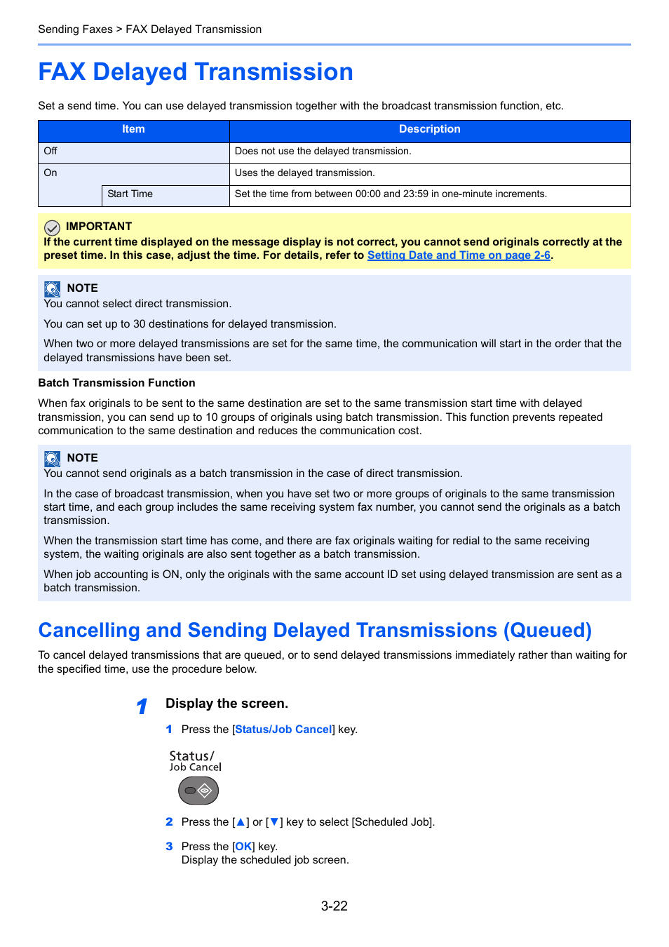Fax delayed transmission, Fax delayed transmission -22, Cancelling and | TA Triumph-Adler P-4035 MFP User Manual | Page 61 / 214