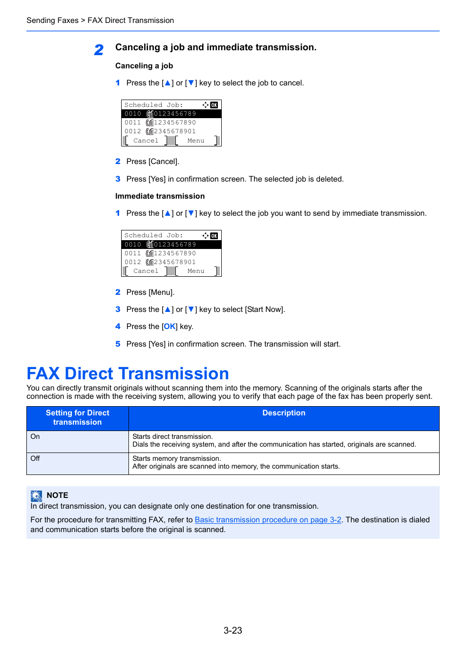 Fax direct transmission, Fax direct transmission -23, Canceling a job and immediate transmission | TA Triumph-Adler P-4035 MFP User Manual | Page 62 / 214