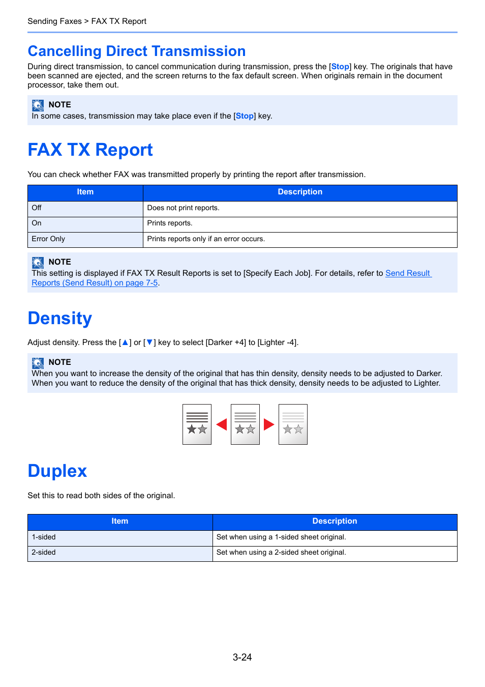 Cancelling direct transmission, Fax tx report, Density | Duplex, Cancelling direct transmission -24, Fax tx report -24 density -24 duplex -24 | TA Triumph-Adler P-4035 MFP User Manual | Page 63 / 214