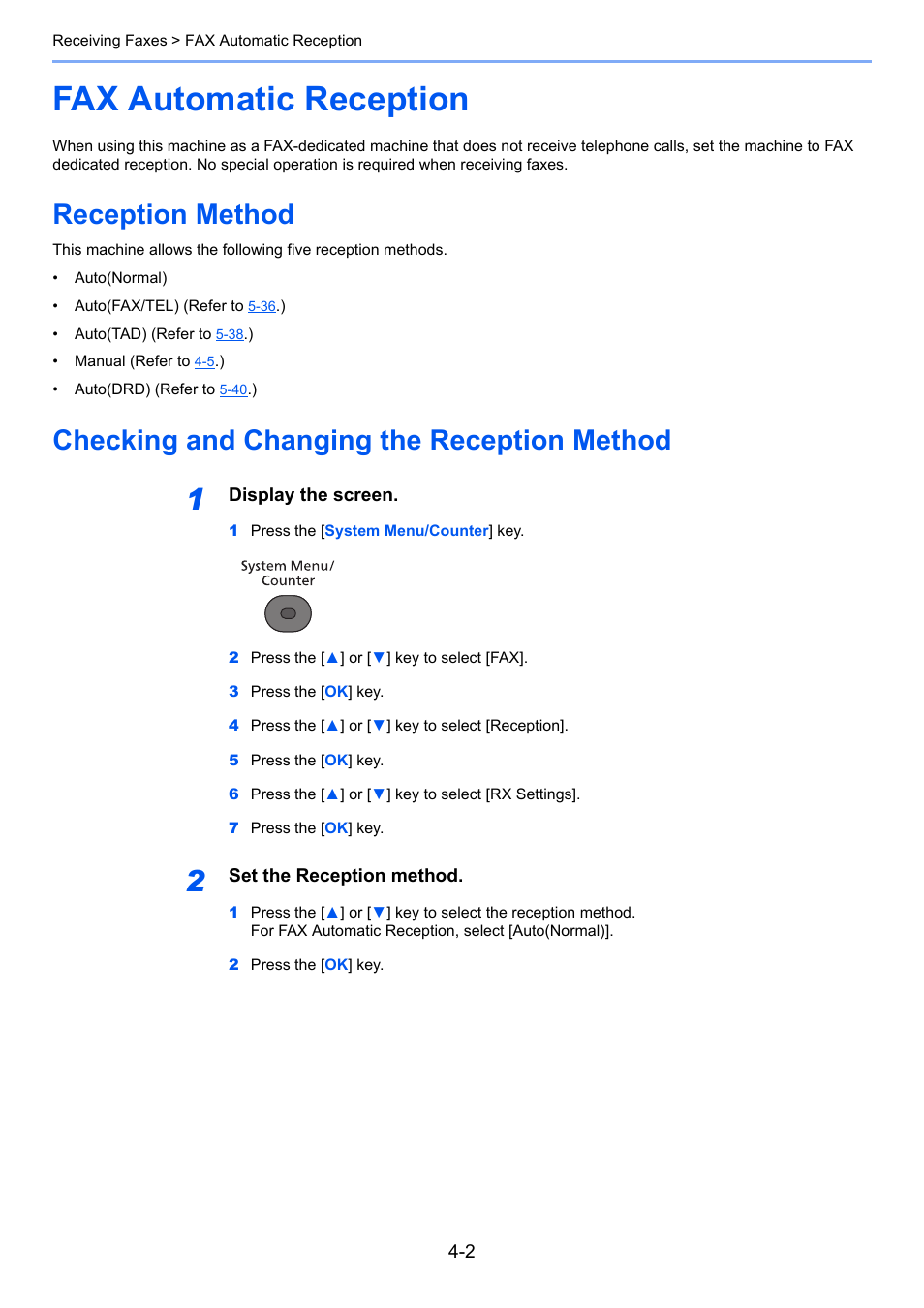 Fax automatic reception, Reception method, Checking and changing the reception method | Fax automatic reception -2 | TA Triumph-Adler P-4035 MFP User Manual | Page 71 / 214