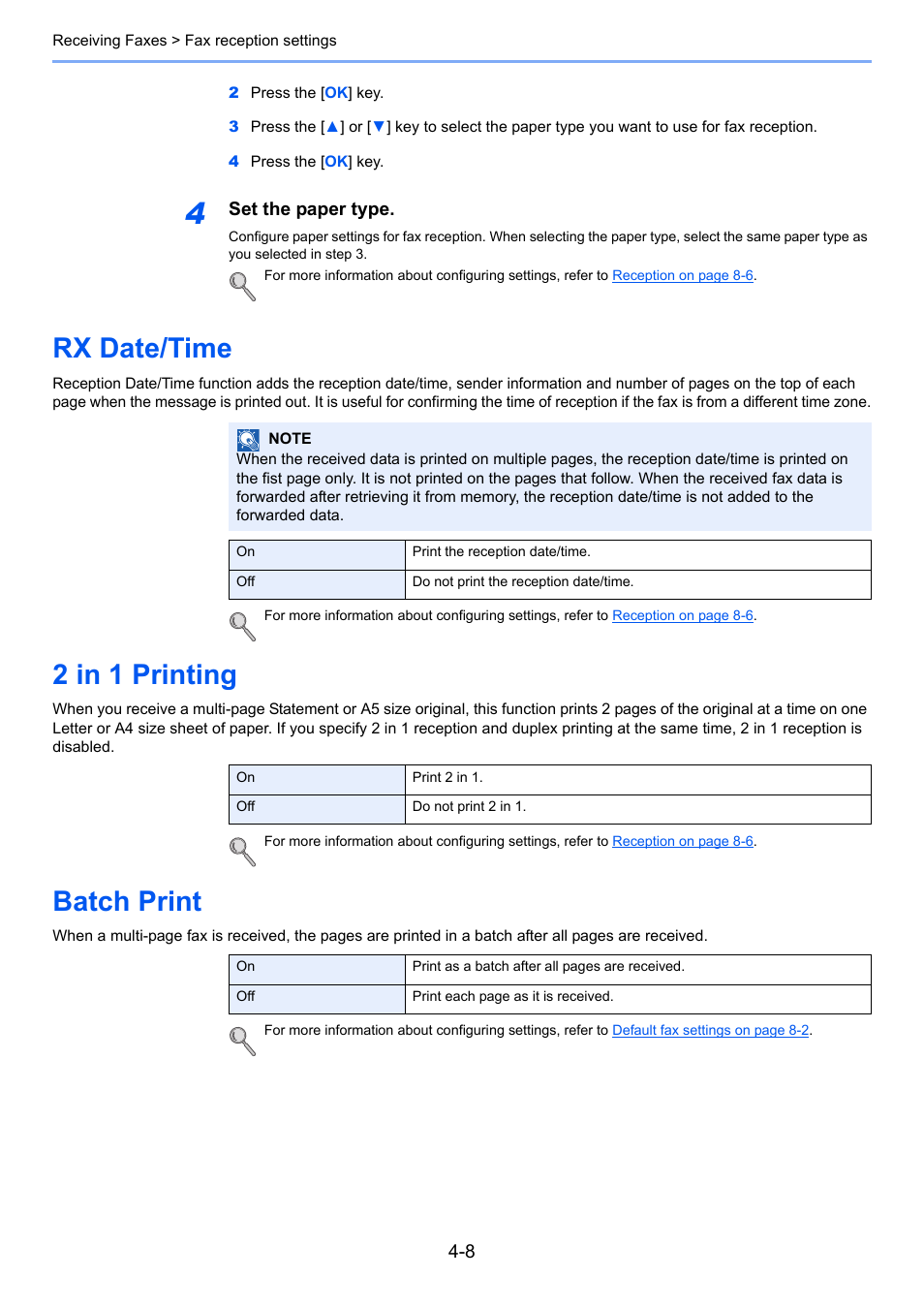 Rx date/time, 2 in 1 printing, Batch print | Rx date/time -8 2 in 1 printing -8 batch print -8 | TA Triumph-Adler P-4035 MFP User Manual | Page 77 / 214