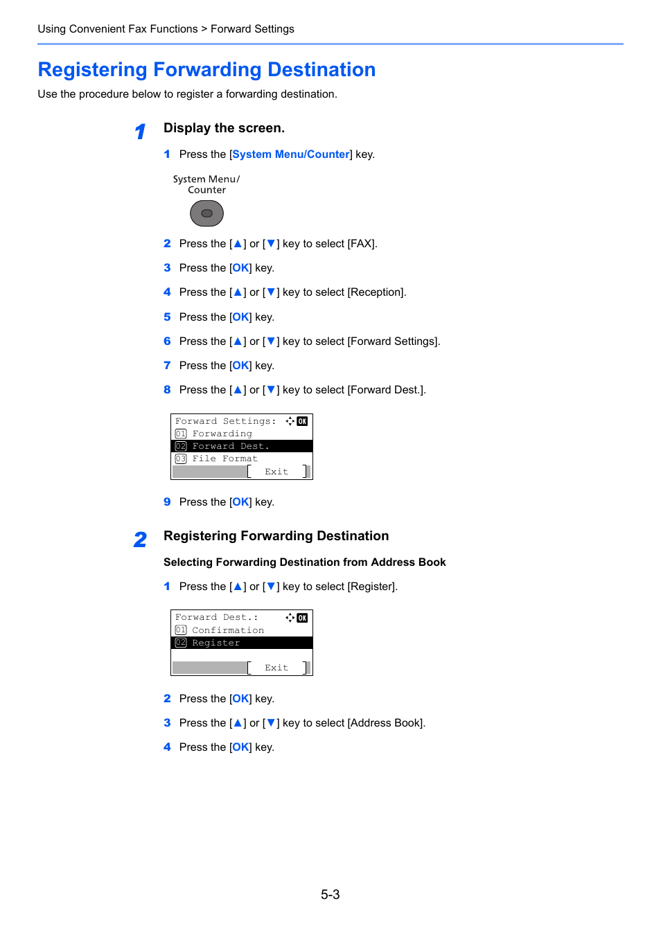 Registering forwarding destination, Registering forwarding destination -3, Display the screen | TA Triumph-Adler P-4035 MFP User Manual | Page 81 / 214