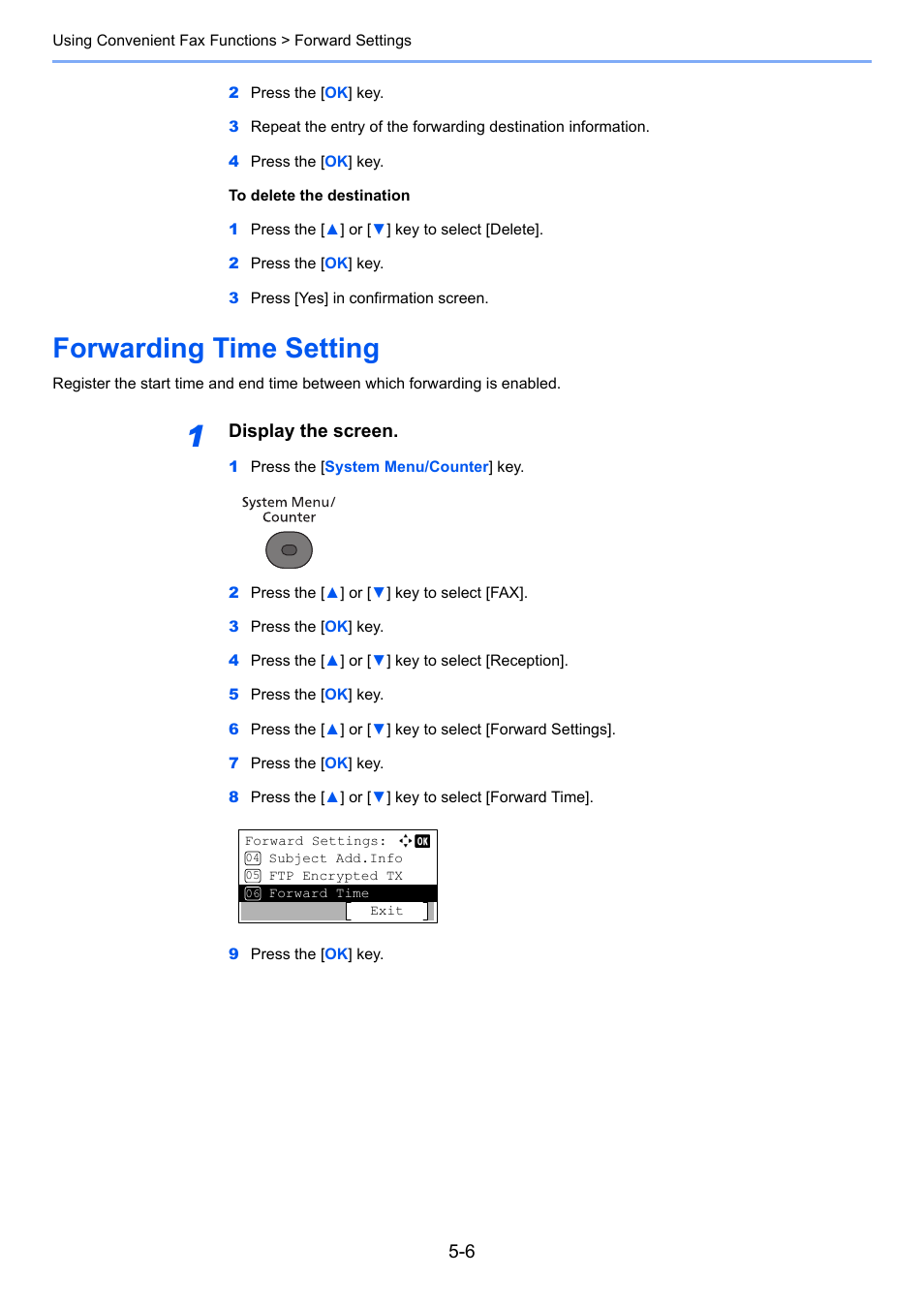 Forwarding time setting, Forwarding time setting -6, Display the screen | TA Triumph-Adler P-4035 MFP User Manual | Page 84 / 214