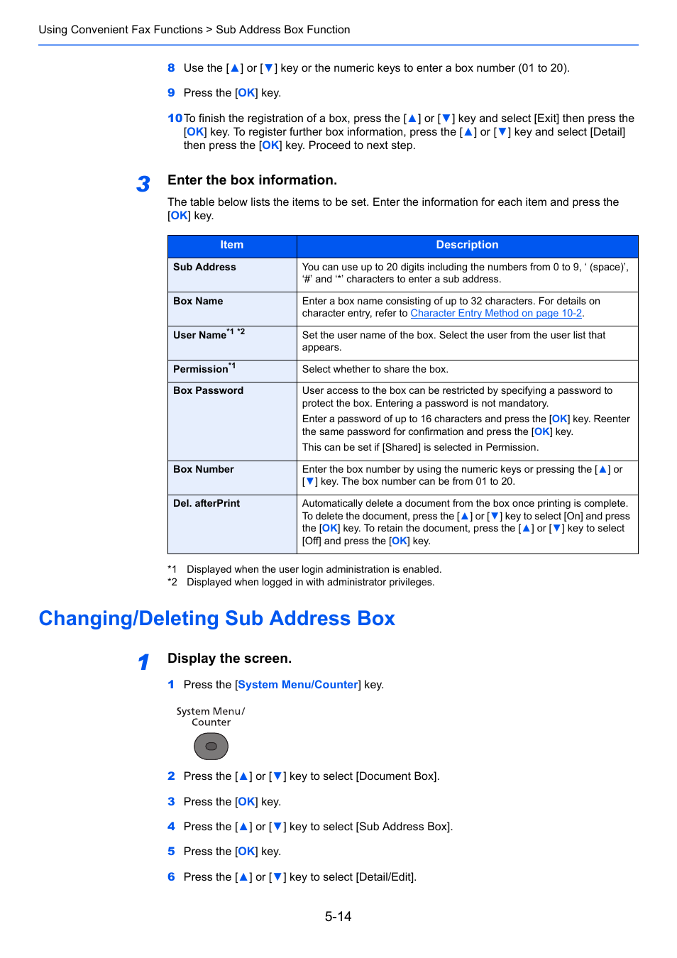 Changing/deleting sub address box, Changing/deleting sub address box -14, Enter the box information | Display the screen | TA Triumph-Adler P-4035 MFP User Manual | Page 92 / 214