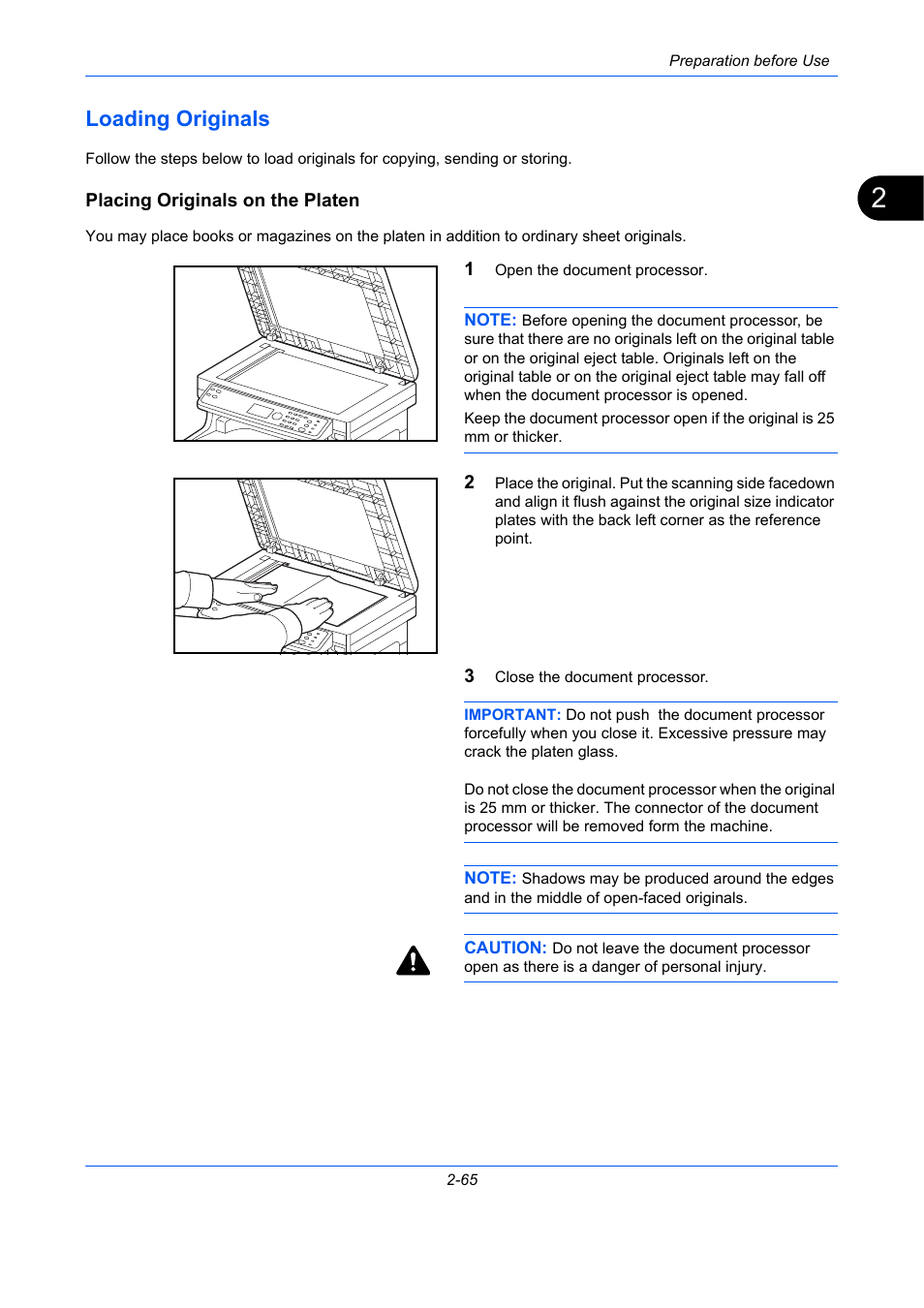 Loading originals, Placing originals on the platen, Loading originals -65 | Placing originals on, The platen | TA Triumph-Adler P-C2660 MFP User Manual | Page 107 / 578