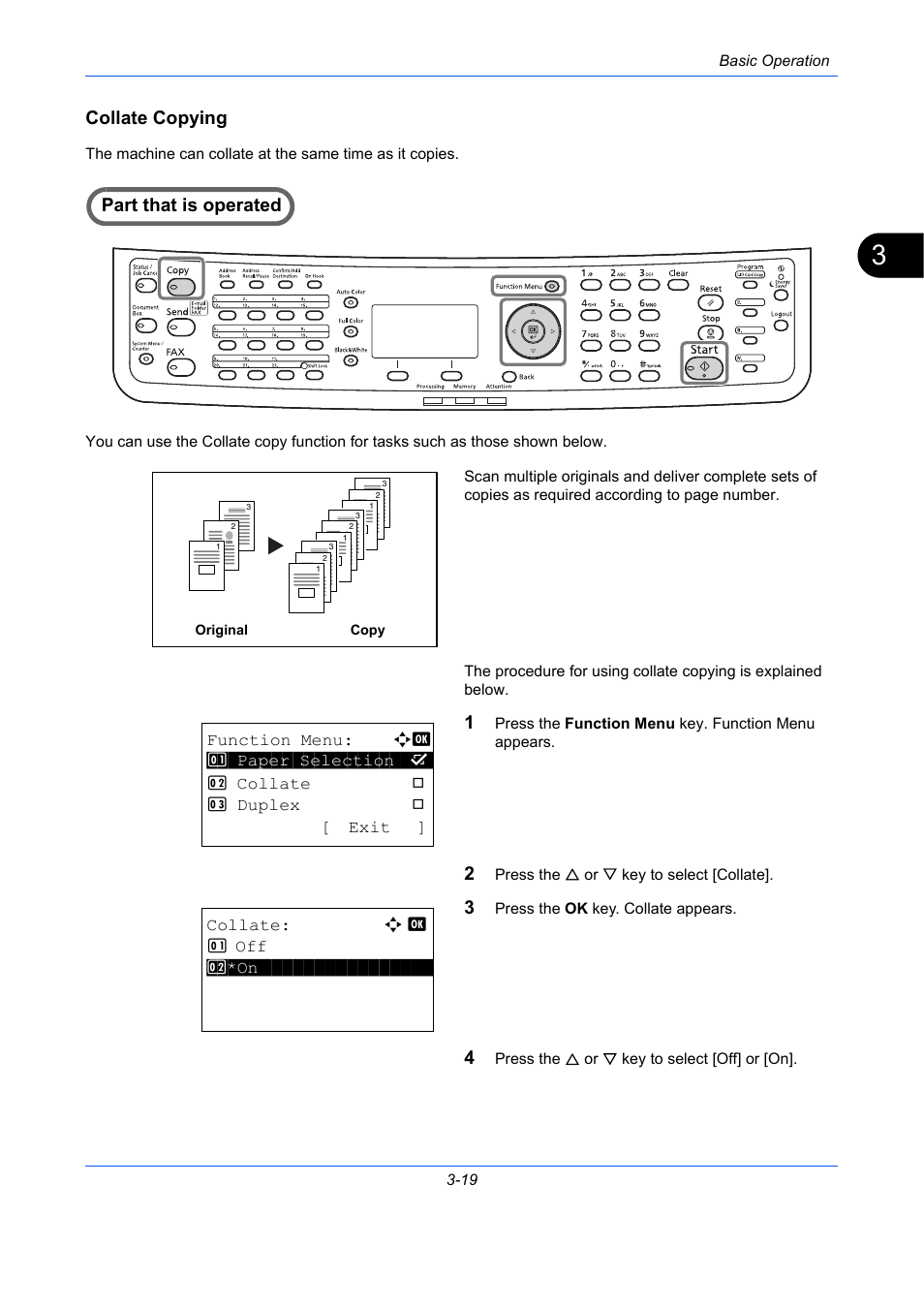 Collate copying, Ge 3-19, Part that is operated | TA Triumph-Adler P-C2660 MFP User Manual | Page 129 / 578