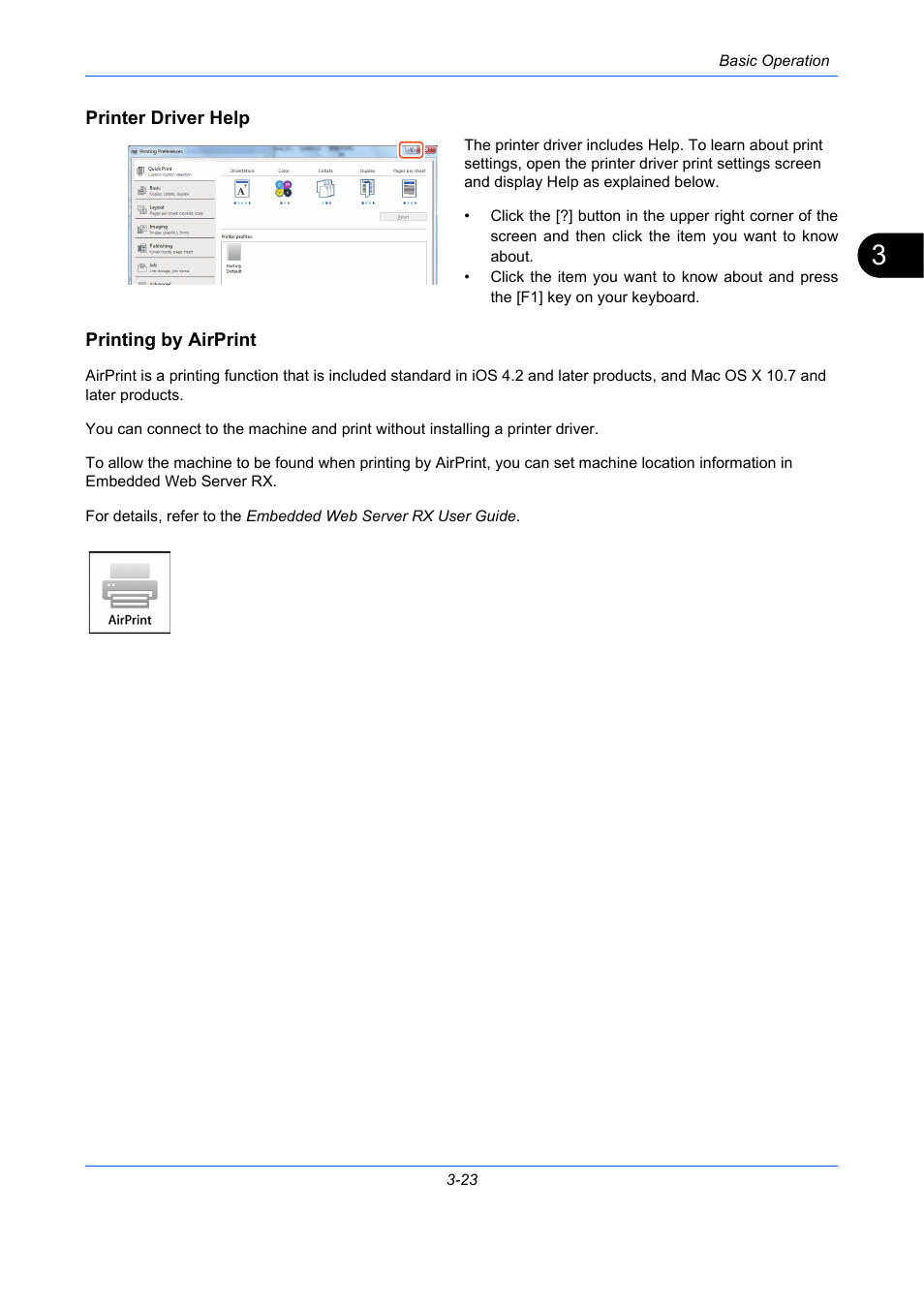 Printer driver help, Printing by airprint | TA Triumph-Adler P-C2660 MFP User Manual | Page 133 / 578