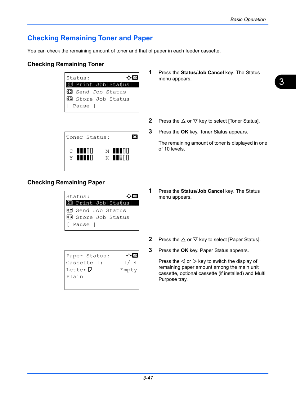 Checking remaining toner and paper, Checking remaining toner, Checking remaining paper | Checking remaining toner and paper -47 | TA Triumph-Adler P-C2660 MFP User Manual | Page 157 / 578