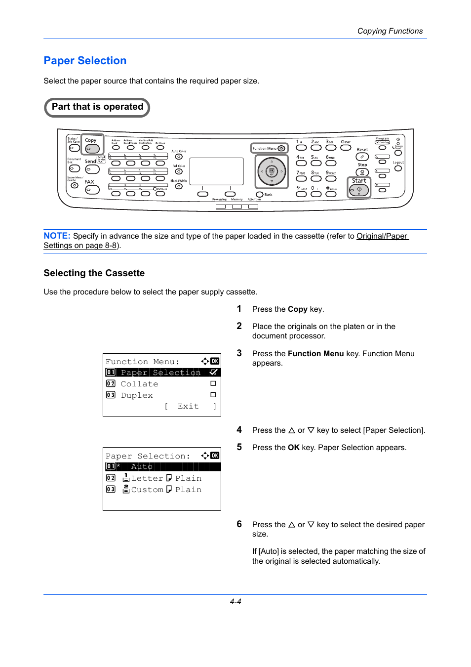 Paper selection, Selecting the cassette, Paper selection -4 | Ge 4-4) | TA Triumph-Adler P-C2660 MFP User Manual | Page 162 / 578