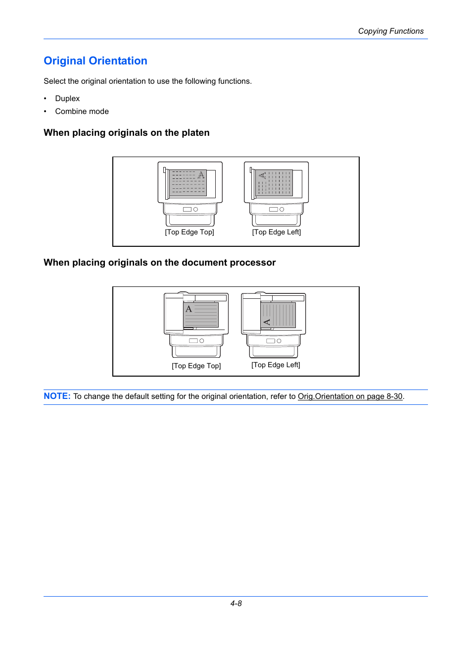 Original orientation, When placing originals on the platen, When placing originals on the document processor | Original orientation -8, Ge 4-8) | TA Triumph-Adler P-C2660 MFP User Manual | Page 166 / 578