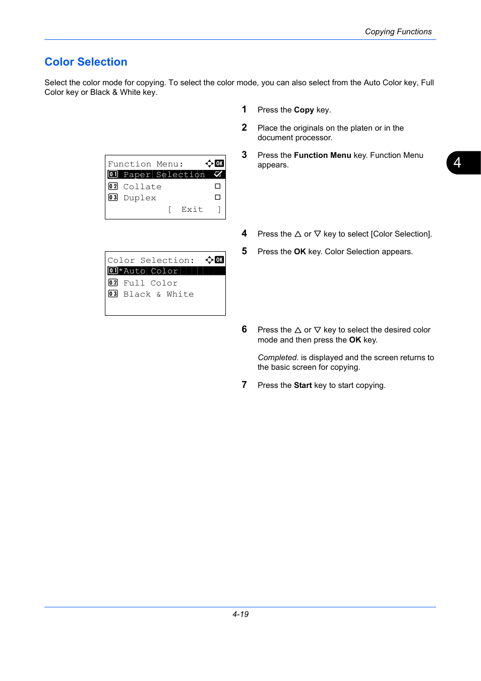 Color selection, Color selection -19, Ge 4-19 | TA Triumph-Adler P-C2660 MFP User Manual | Page 177 / 578