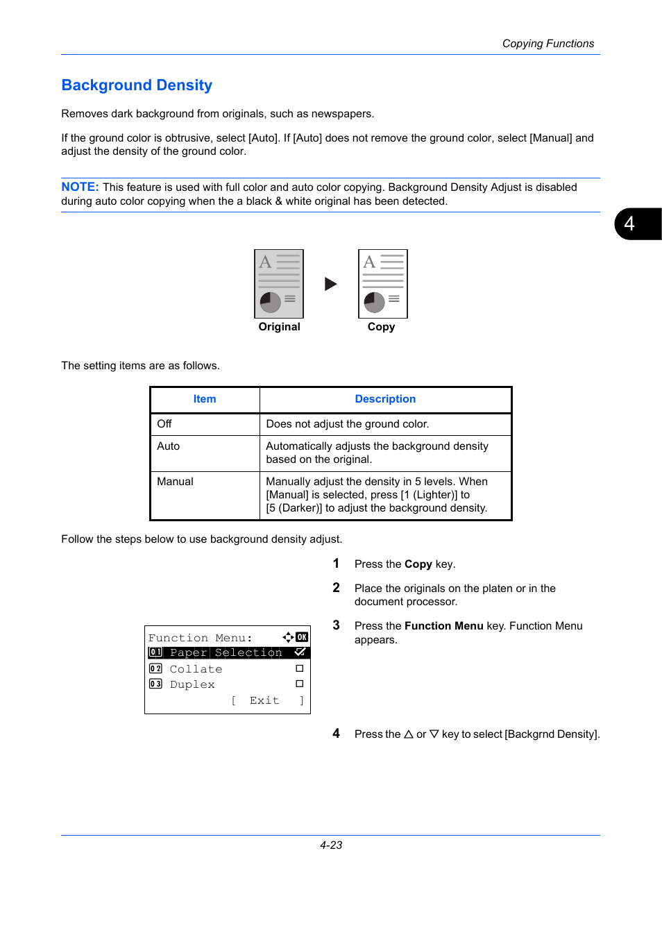 Background density, Background density -23, Ge 4-23 | TA Triumph-Adler P-C2660 MFP User Manual | Page 181 / 578