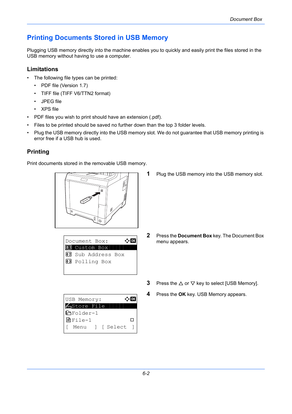 Printing documents stored in usb memory, Limitations, Printing | Printing documents stored in usb memory -2, Documents stored, In usb memory | TA Triumph-Adler P-C2660 MFP User Manual | Page 216 / 578