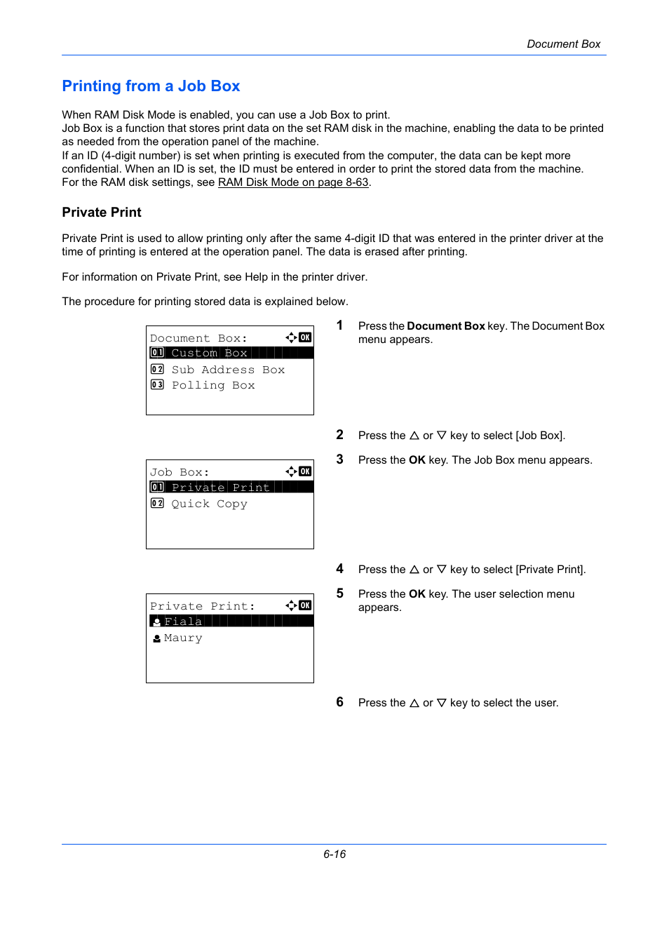 Printing from a job box, Private print, Printing from a job box -16 | TA Triumph-Adler P-C2660 MFP User Manual | Page 230 / 578