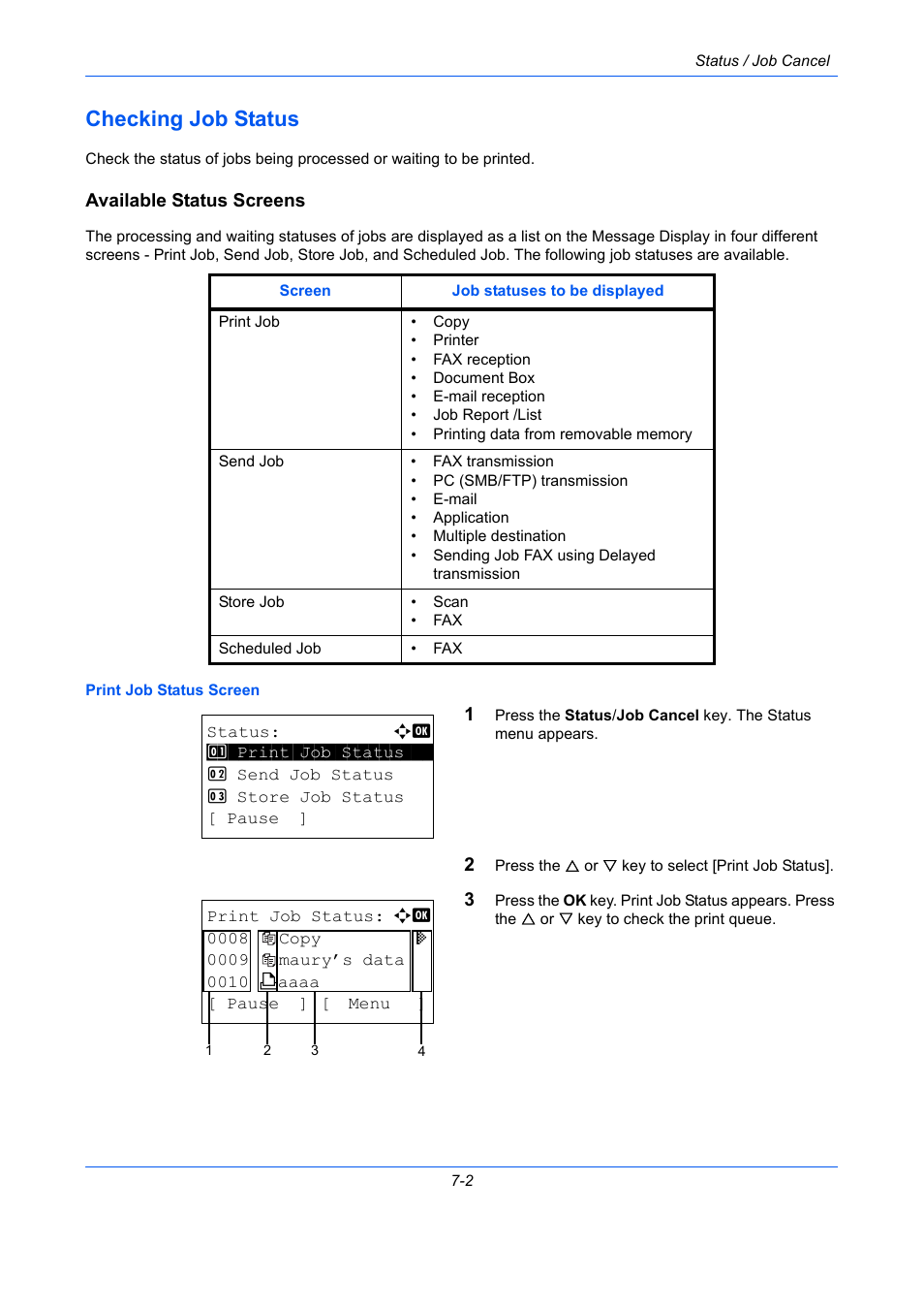 Checking job status, Available status screens, Checking job status -2 | TA Triumph-Adler P-C2660 MFP User Manual | Page 236 / 578