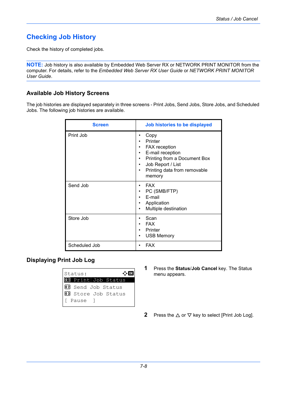 Checking job history, Available job history screens, Displaying print job log | Checking job history -8 | TA Triumph-Adler P-C2660 MFP User Manual | Page 242 / 578