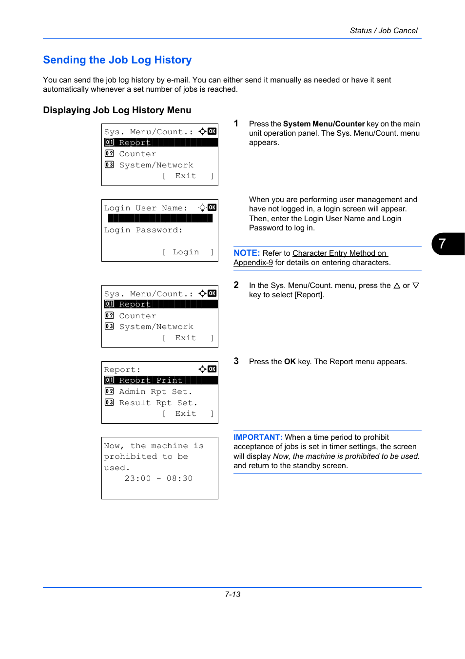 Sending the job log history, Displaying job log history menu, Sending the job log history -13 | TA Triumph-Adler P-C2660 MFP User Manual | Page 247 / 578