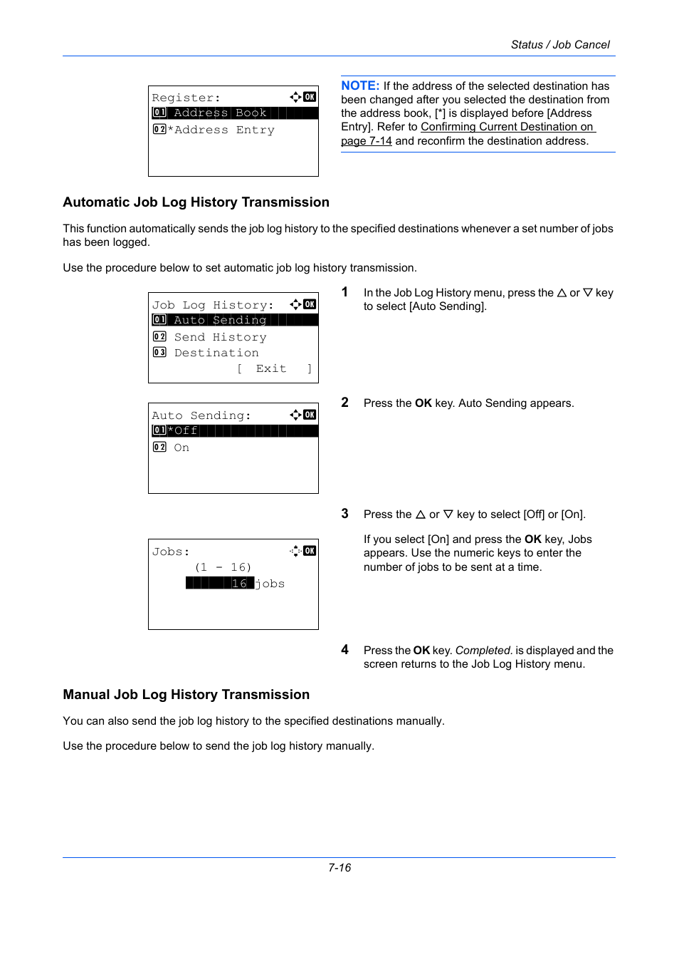 Automatic job log history transmission, Manual job log history transmission | TA Triumph-Adler P-C2660 MFP User Manual | Page 250 / 578