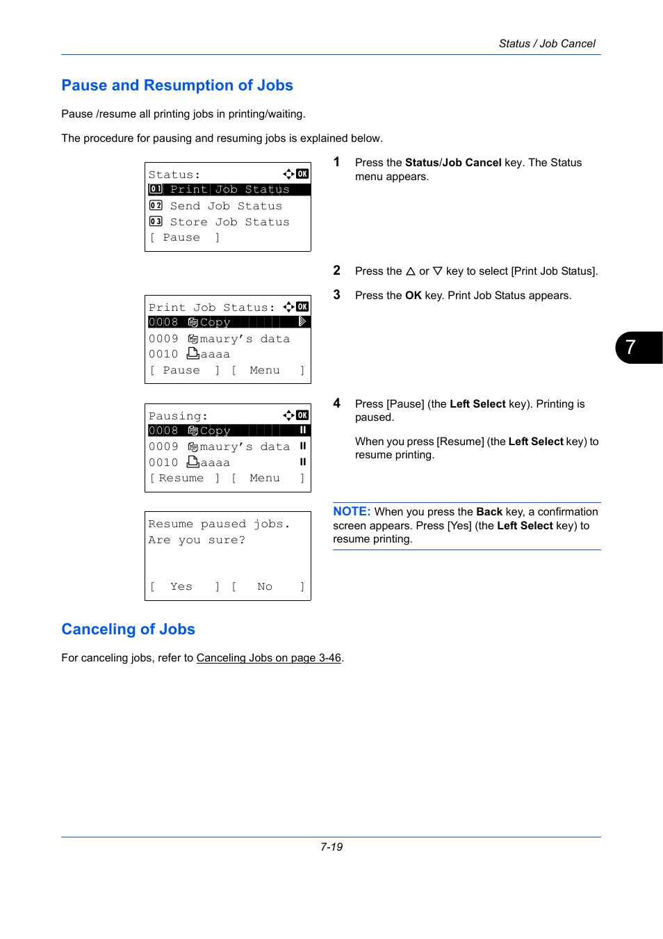 Pause and resumption of jobs, Canceling of jobs, Pause and resumption of jobs -19 | Canceling of jobs -19 | TA Triumph-Adler P-C2660 MFP User Manual | Page 253 / 578