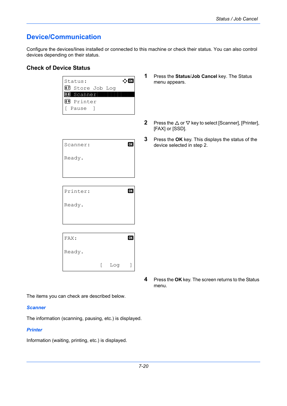 Device/communication, Check of device status, Device/communication -20 | TA Triumph-Adler P-C2660 MFP User Manual | Page 254 / 578