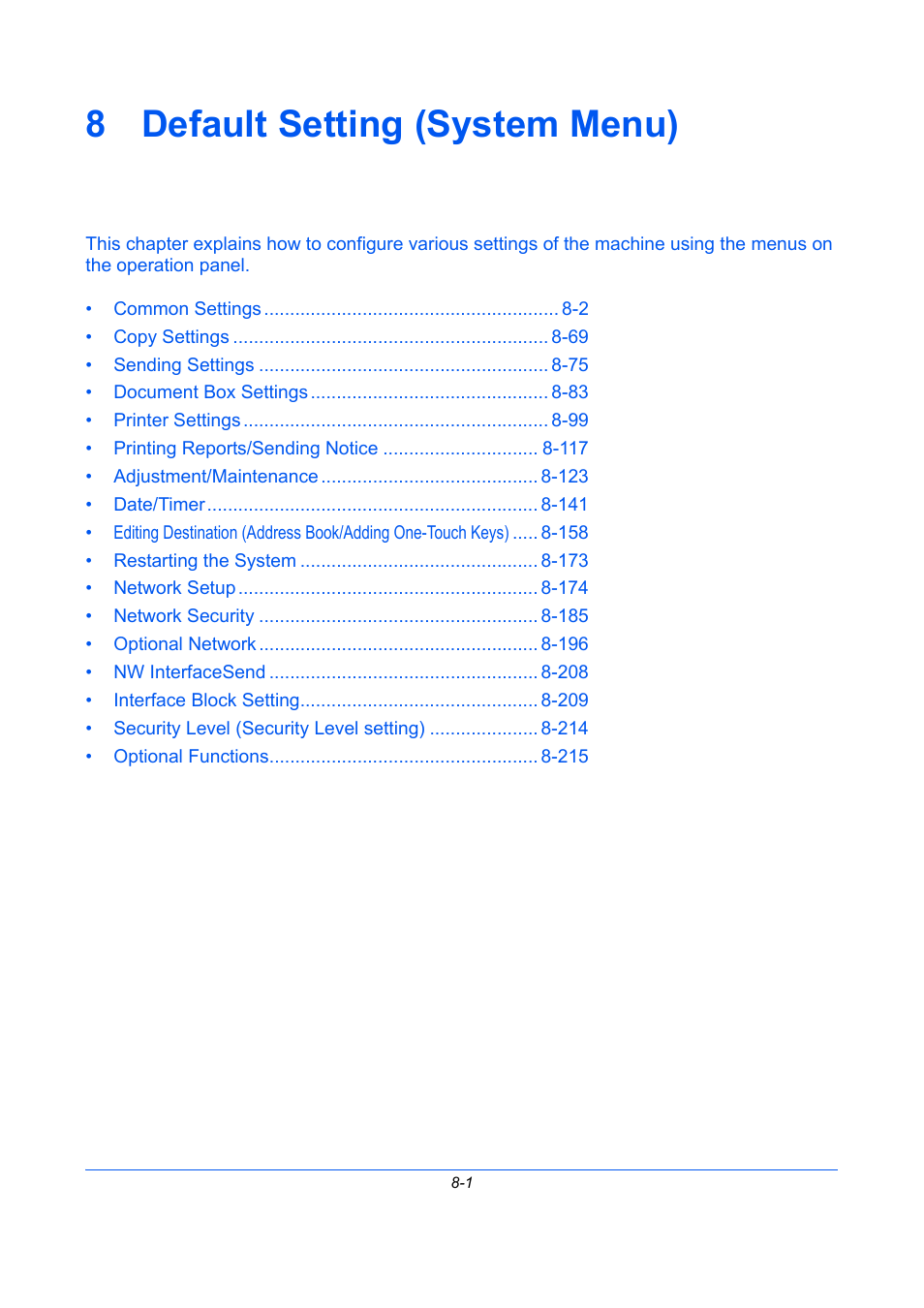 8 default setting (system menu), Default setting (system menu), Chapter 8 - default setting (system menu) | TA Triumph-Adler P-C2660 MFP User Manual | Page 257 / 578