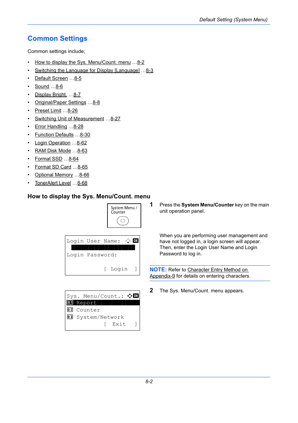 Common settings, How to display the sys. menu/count. menu, Common settings -2 | TA Triumph-Adler P-C2660 MFP User Manual | Page 258 / 578