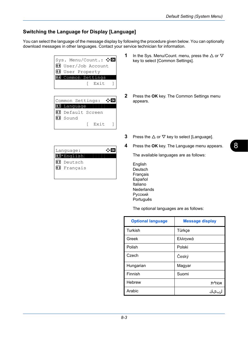 Switching the language for display [language, Switching the language for display [language] …8-3 | TA Triumph-Adler P-C2660 MFP User Manual | Page 259 / 578