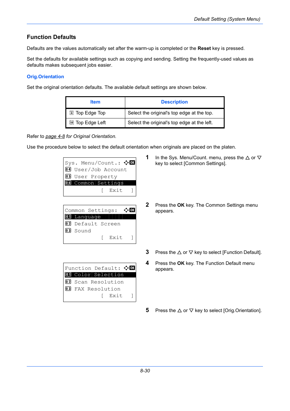 Function defaults, Function defaults …8-30 | TA Triumph-Adler P-C2660 MFP User Manual | Page 286 / 578