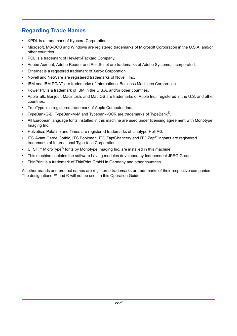 Regarding trade names | TA Triumph-Adler P-C2660 MFP User Manual | Page 29 / 578