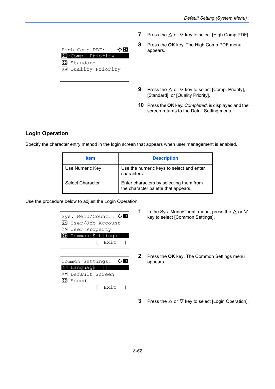 Login operation, Login operation …8-62 | TA Triumph-Adler P-C2660 MFP User Manual | Page 318 / 578