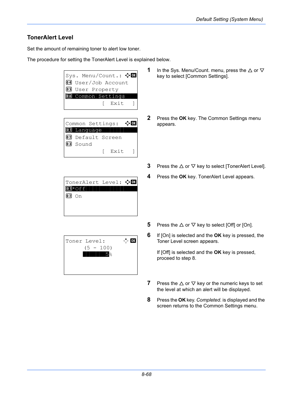 Toneralert level, Toneralert level …8-68 | TA Triumph-Adler P-C2660 MFP User Manual | Page 324 / 578