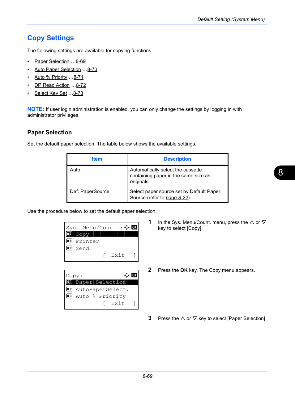 Copy settings, Paper selection, Copy settings -69 | TA Triumph-Adler P-C2660 MFP User Manual | Page 325 / 578