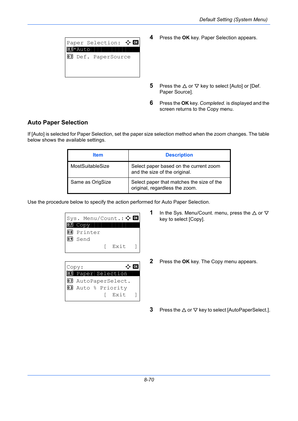 Auto paper selection, Auto paper selection …8-70 | TA Triumph-Adler P-C2660 MFP User Manual | Page 326 / 578