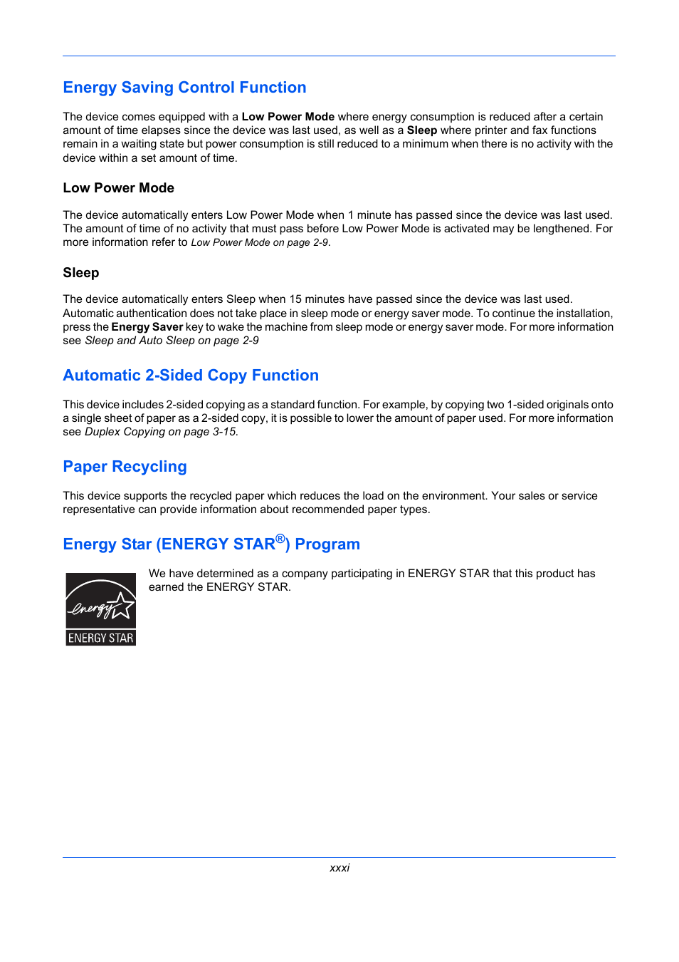 Energy saving control function, Automatic 2-sided copy function, Paper recycling | Energy star (energy star®) program, Energy star (energy star, Program .................... xxxi, Program | TA Triumph-Adler P-C2660 MFP User Manual | Page 33 / 578