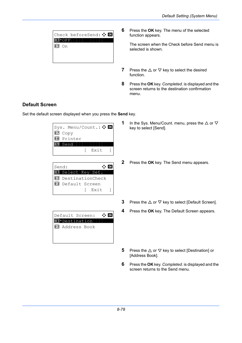 Default screen, Default screen …8-78 | TA Triumph-Adler P-C2660 MFP User Manual | Page 334 / 578