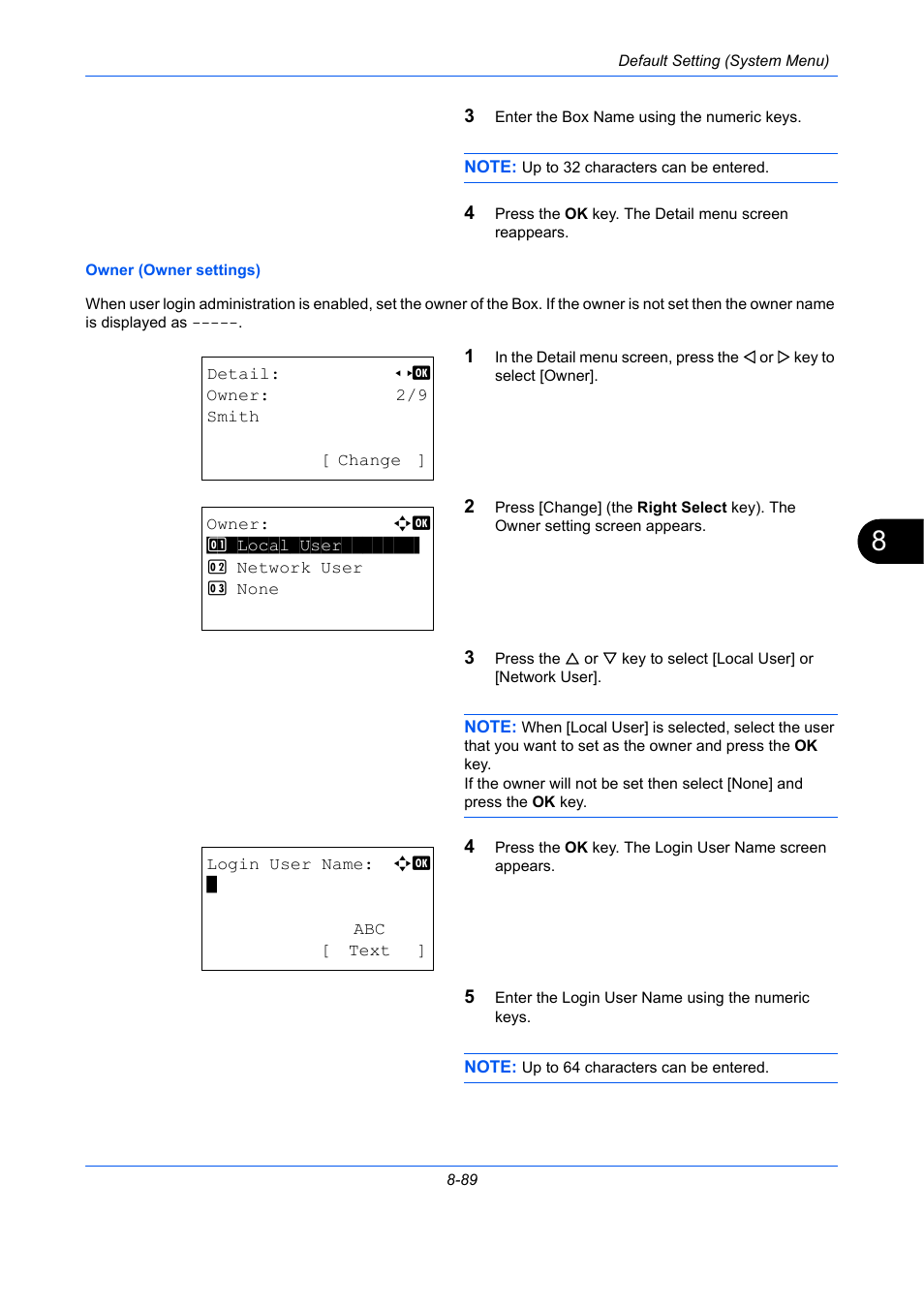 Owner (owner settings) on 8-89 | TA Triumph-Adler P-C2660 MFP User Manual | Page 345 / 578