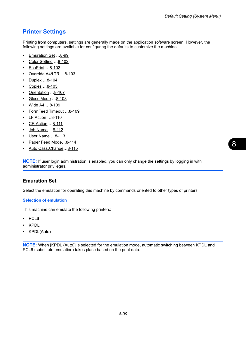 Printer settings, Emuration set, Printer settings -99 | TA Triumph-Adler P-C2660 MFP User Manual | Page 355 / 578