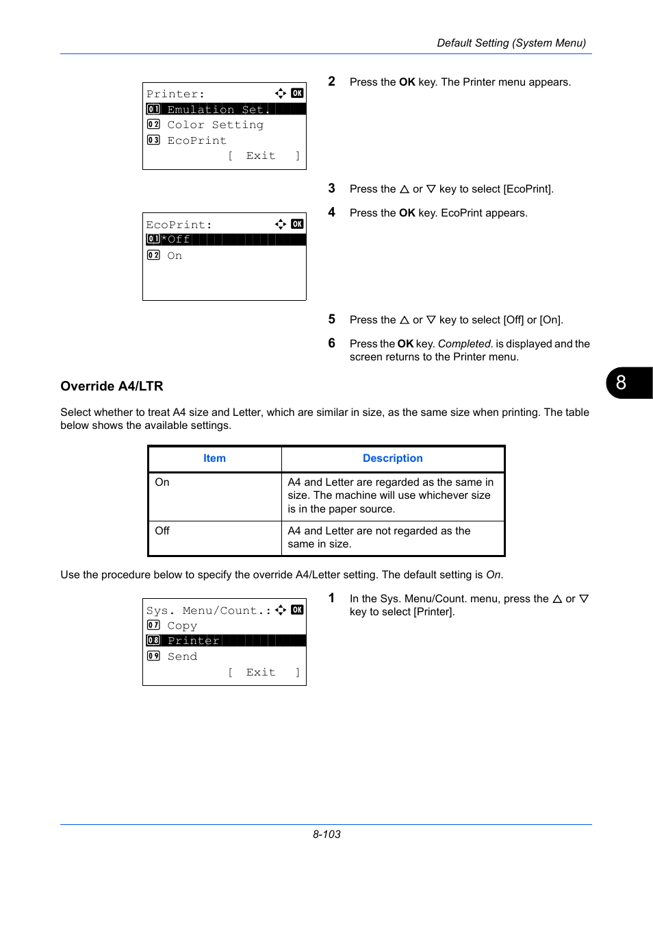 Override a4/ltr, Override a4/ltr …8-103 | TA Triumph-Adler P-C2660 MFP User Manual | Page 359 / 578