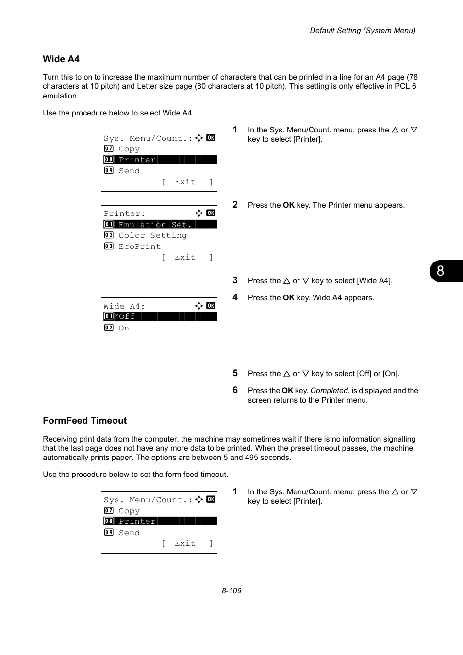 Wide a4, Formfeed timeout, Wide a4 …8-109 | Formfeed timeout …8-109 | TA Triumph-Adler P-C2660 MFP User Manual | Page 365 / 578