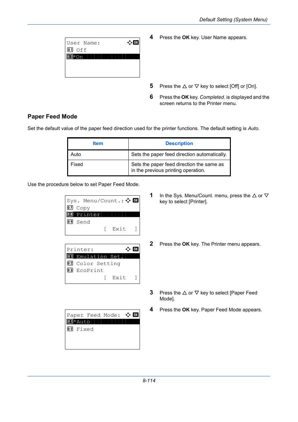 Paper feed mode, Paper feed mode…8-114 | TA Triumph-Adler P-C2660 MFP User Manual | Page 370 / 578