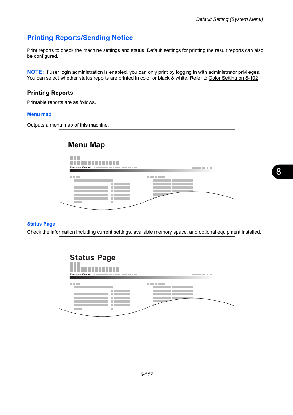 Printing reports/sending notice, Printing reports, Printing reports/sending notice -117 | Status page, Menu map status page | TA Triumph-Adler P-C2660 MFP User Manual | Page 373 / 578