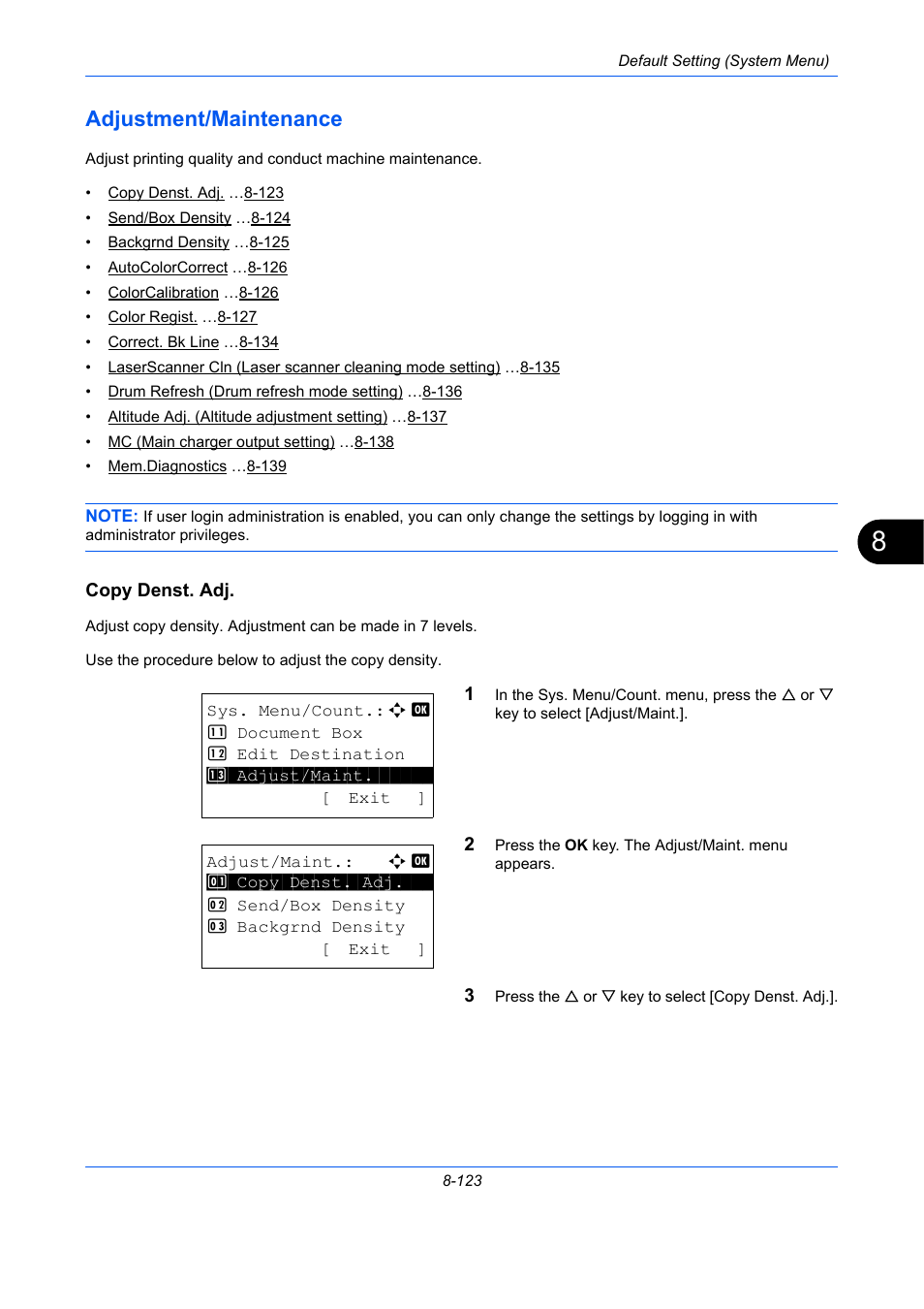 Adjustment/maintenance, Copy denst. adj, Adjustment/maintenance -123 | TA Triumph-Adler P-C2660 MFP User Manual | Page 379 / 578